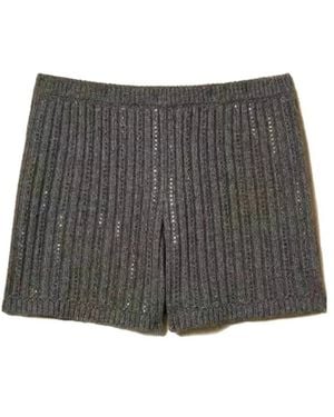Twinset Wool Blend Knit Shorts With Rhinestones - Gray