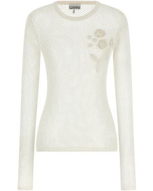 Ganni Crochet Crewneck Knitted Jumper - White