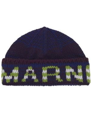 Marni Mouliné Beanie With Striped Logo - Blue
