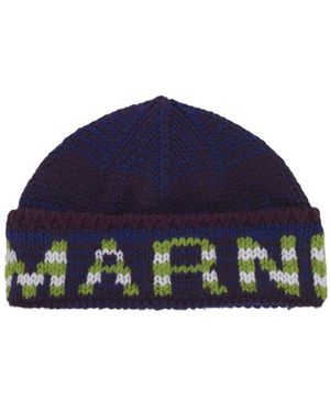 Marni Mouliné Beanie With Striped Logo - Blue