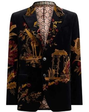 Etro Single-Breasted Cotton Velvet Jacket With Placed Flower And Animal Print - Black