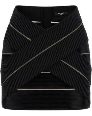 Balmain V-Waist Mesh Insert Stretch Mini Skirt - Black