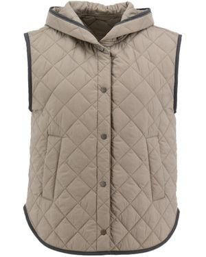 Brunello Cucinelli Lightweight Matte Nylon Quilted Vest With Thermore Padding And Hood - Grey