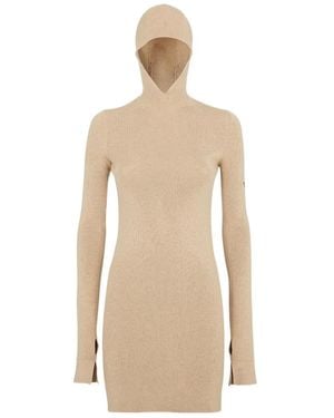 Fendi Long Sleeved Hooded Ribbed-Knit Dress - Natural