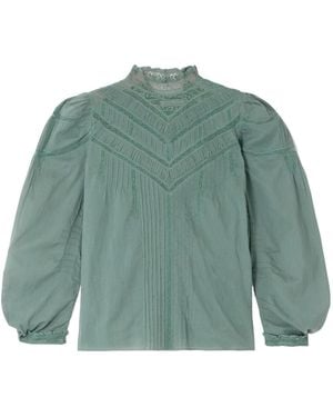 Doen Adelphine Crochet-Trimmed Pintucked Organic Cotton-Voile Blouse - Green