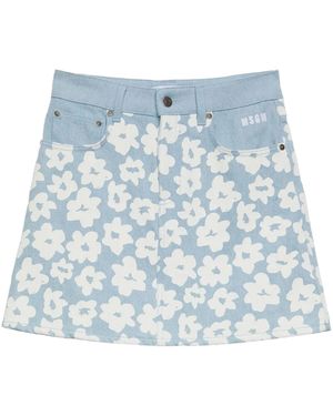 MSGM Floral-Print Denim Skirt - Blue