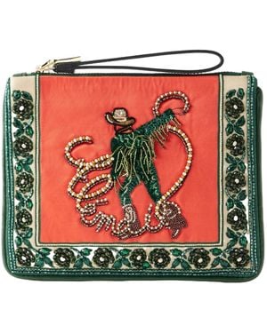 ALÉMAIS Embellished Leather-Trimmed Satin Clutch - Red