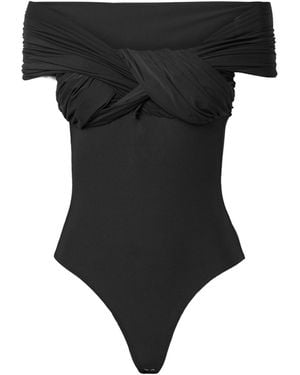 Goldsign Off-The-Shoulder Twist-Front Ruched Stretch-Jersey Thong Bodysuit - Black