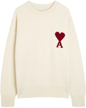 Ami Paris Round-Neck Knitted Sweater - White