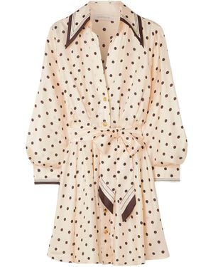 Zimmermann Polka Dot Mini Shirt Dress With Tie - Natural