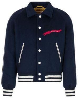 Marni Deep Felt Bomber Jacket With Embroidered Flag Patch - Blue