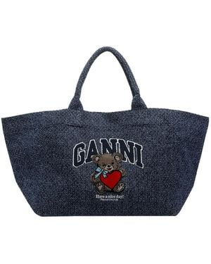 Ganni Xxl Bear Embroidered Tote Bag - Blue