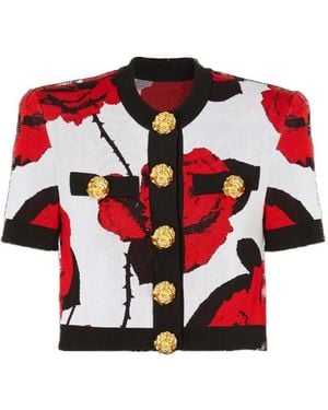 Balmain Roses Jacquard Knit Cardigan - Red