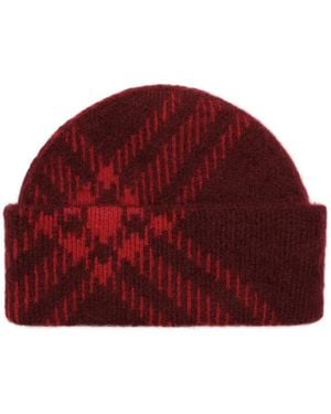 Burberry Check Mohair Wool Blend Beanie - Red
