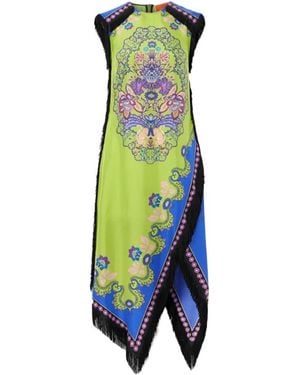 La DoubleJ Fringed Asymmetric Printed Silk Midi Dress - Green