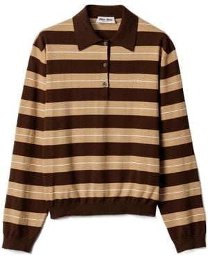 Miu Miu Long-Sleeved Knitted Striped Polo Shirt - Brown
