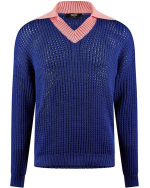 Fendi V-Neck Knit Jumper - Blue