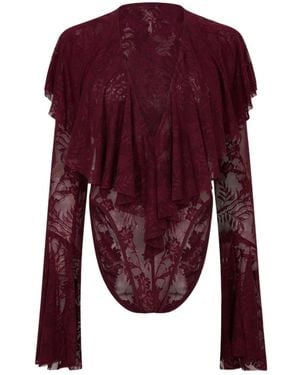 Norma Kamali Long-Sleeved Deep V-Neck Ruffled Bodysuit - Purple