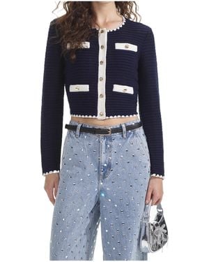 Self-Portrait Cropped Crochet Cardigan - Blue