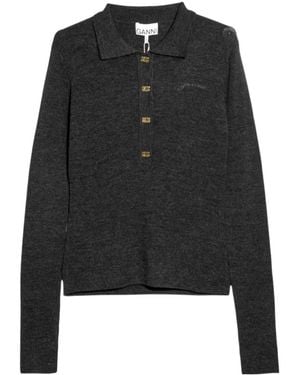 Ganni Ribbed Polo Knitted Top - Black