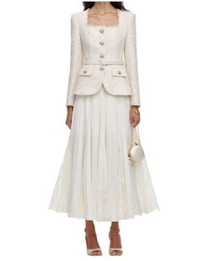 Self-Portrait Cream Tailored Boucle And Chiffon Midi Dress - White