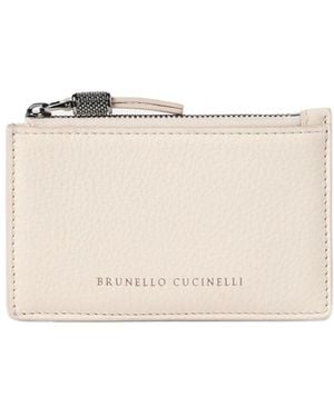 Brunello Cucinelli Grained Leather Card Case With Shiny Zipper Pull - Natural