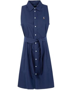 Polo Ralph Lauren Belted Sleeveless Shirt Mini Dress - Blue