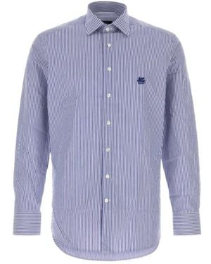 Etro Vertical-Stripe Logo-Embroidered Shirt - Blue