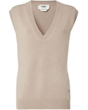 Fendi Logo Embroidered Knit Vest - Natural