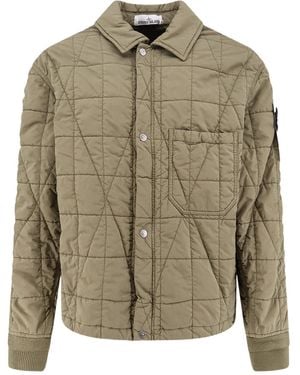 Stone Island Collared Button-Up Quilted Jacket - Green