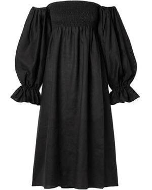 Sleeper Shoulder Shirred Linen Midi Dress - Black