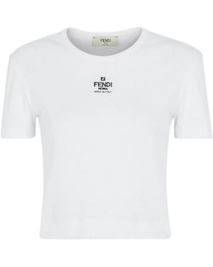Fendi Logo Embroidered Crewneck Cropped T-Shirt - White