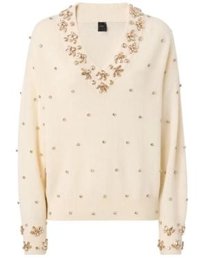 Pinko Crystal-Embellished V-Neck Sweater - Natural