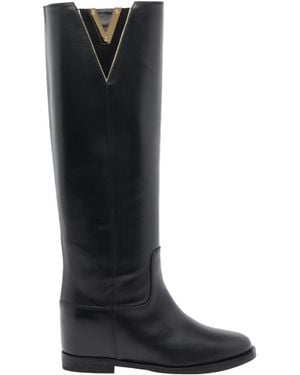 Via Roma 15 Maxi Logo Round Toe Boots - Black