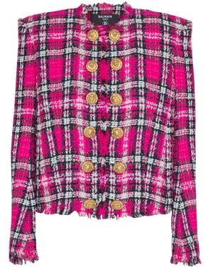 Balmain Glitter Plaid Tweed Cropped Jacket - Pink