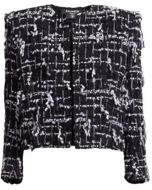 Balmain Frayed Tweed Cropped Jacket - Black