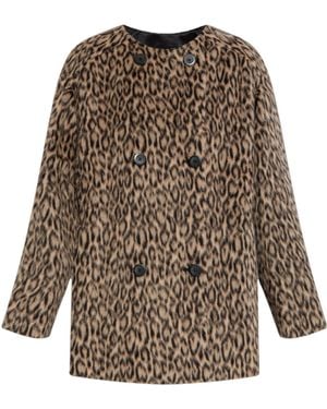 Emporio Armani Leopard-Printed Double-Breasted Coat - Brown