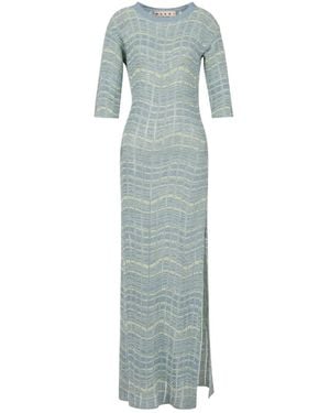Marni Ribbed Linen Dress With Wavy Pattern - Green