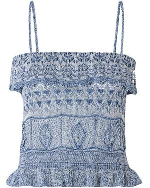 Etro Cropped Ruffled Pointelle-Knit Cotton-Blend Top - Blue