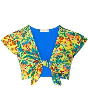 La DoubleJ Bardot Tie-Detailed Printed Bikini Top - Blue