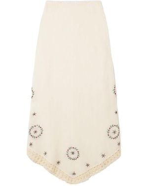 RIXO London Crocheted Trim Embroidered Midi Skirt - White