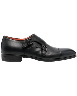 Santoni Double-Buckle Leather Monk Shoes - Black