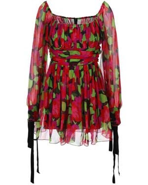 Saint Laurent Floral Printed Long-Sleeved Dress - Red