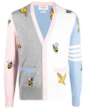 Thom Browne Birds And Bees-Print Knitted Cardigan - Blue