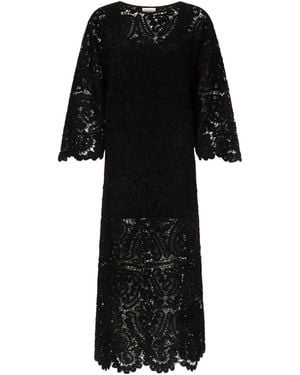 Loulou de Saison Ciko Crochet-Pattern Bell-Sleeve Midi Dress - Black