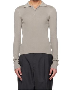 Rier Long-Sleeved Collared Knit Polo Shirt - Grey
