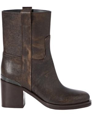 Brunello Cucinelli Vintage Leather Ankle Boots With Precious Detail - Brown