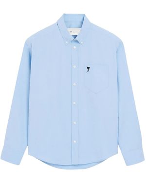 Ami Paris Boxy Cotton Shirt With Ami De Coeur - Blue