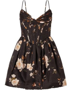 Zimmermann Floral-Print Linen And Silk-Blend Corset Mini Dress - Black