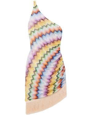 Missoni One-Shoulder Fringed Printed Tulle Mini Dress - White
